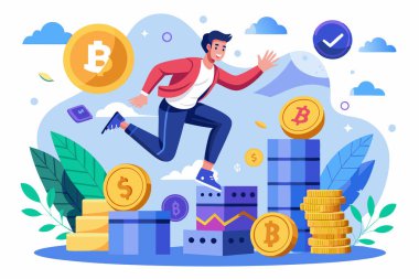 Şifreli para dünyasında başarı peşinde koşan bir adam. Vektör illüstrasyonu