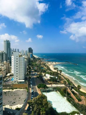 View from a hotel window of the coastline in Netanya, Israel. High quality photo