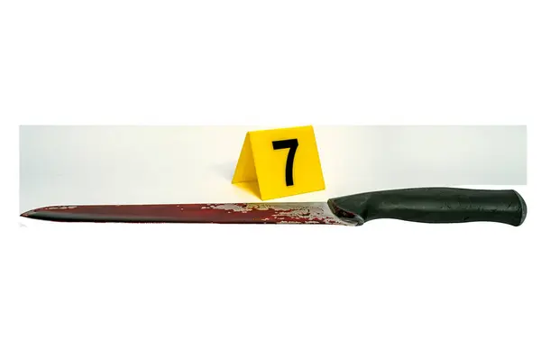 stock image forensic concept - knife in blood and evidence marker at crime scene. on transparent background. High quality photo