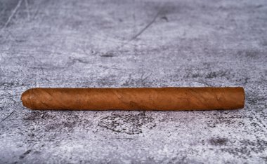 Tütün yapraklarından yapılmış bir puro gri mermer bir masanın üzerinde yatıyor. Yüksek kalite fotoğraf