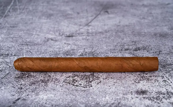 Tütün yapraklarından yapılmış bir puro gri mermer bir masanın üzerinde yatıyor. Yüksek kalite fotoğraf