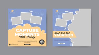 Şirin seyahat acentesinin sosyal medya şablonu. Kare afiş tasarımı arkaplanı.