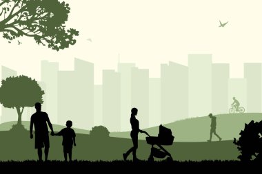 Şehir binaları manzaralı parkta aile pikniği manzarası. Vektör illüstrasyon tasarım şablonu