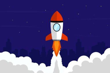 Gökyüzüne fırlatılan bir roketin arka plan tasarımı. Büyüme hakkında yaratıcı bir illüstrasyon.