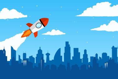 Şehrin ortasında mavi renkli bir roketin fırlatılmasının arka plan tasarımı. Şehir büyümesinin yaratıcı bir illüstrasyonu.