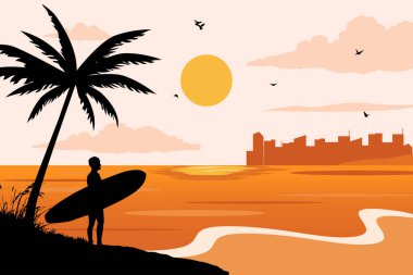 Plajda sörf tahtası tutan genç adamın görüntüsü. Yaz günü vektör illüstrasyon poster tasarım şablonu