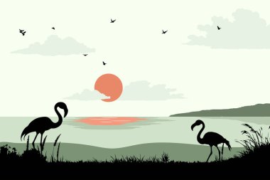 Plajdaki flamingo manzarası. Yaz günü vektör illüstrasyon poster tasarım şablonu