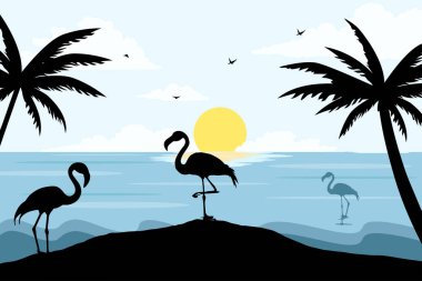 Plajdaki flamingo manzarası. Yaz günü vektör illüstrasyon poster tasarım şablonu