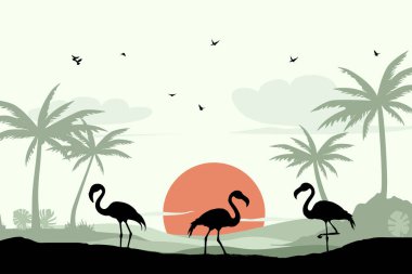 Plajdaki flamingo manzarası. Yaz günü vektör illüstrasyon poster tasarım şablonu