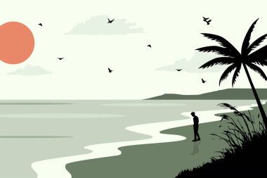 Sahil vektörü illüstrasyon poster tasarım şablonunda tek başına duran genç adamın görüntüsü