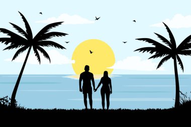 Güneşin batışında güzel bir çift manzarası. Vektör illüstrasyon poster tasarım şablonu