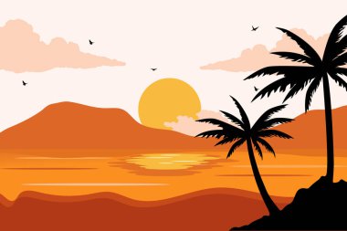 Sahilde gün doğumu manzarası. Yaz günü vektör illüstrasyon poster tasarım şablonu