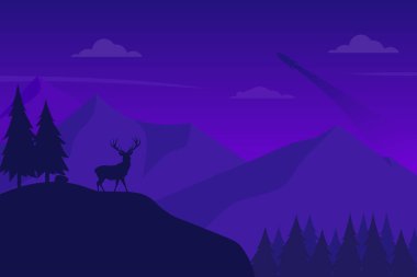 Tepelerdeki geyik manzarasının vektör çizimi. Arka planda bir roket var.