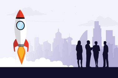 Profesyonel analiz ekibi silueti. Yenilikçi iş geliştirme vektör illüstrasyon poster tasarım şablonu