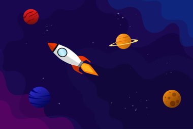 Uzay roketi ve gezegen arkaplanı. Soyut galaksi vektör illüstrasyon poster tasarım şablonu