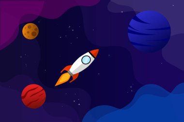 Uzay roketi ve gezegen arkaplanı. Soyut galaksi vektör illüstrasyon poster tasarım şablonu