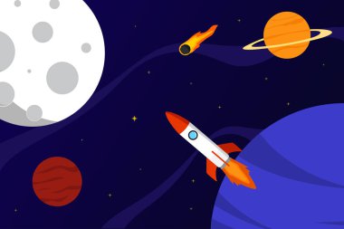 Uzay roketi ve gezegen arkaplanı. Galaksi vektör illüstrasyon poster tasarım şablonu