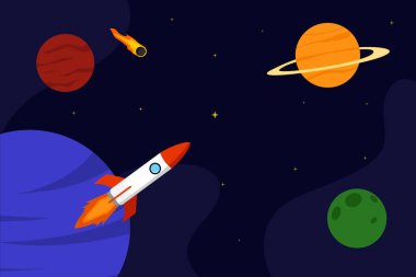 Uzay roketi ve gezegen arkaplanı. Galaksi vektör illüstrasyon poster tasarım şablonu