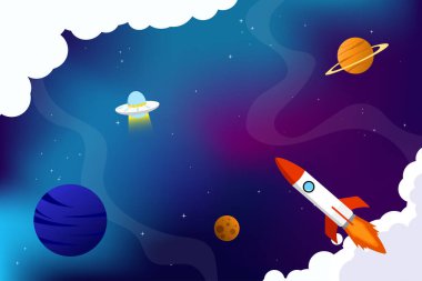 Uzay roketi ve gezegen arkaplanı. Gradyan galaksi vektör illüstrasyon poster tasarım şablonu