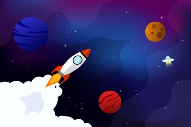 Uzay roketi ve gezegen arkaplanı. Gradyan galaksi vektör illüstrasyon poster tasarım şablonu