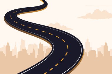 Uzun bir yolun kentsel manzarası. Yol afişi. Arka planda şehir altyapısı olan dolambaçlı bir yol.