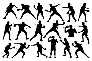 Masa tenisçisi siluetleri. Siyah ve Beyaz Vektör İllüstrasyonu