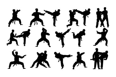 Bir grup karateci siluet pozu veriyor. Siyah ve Beyaz Vektör İllüstrasyonu
