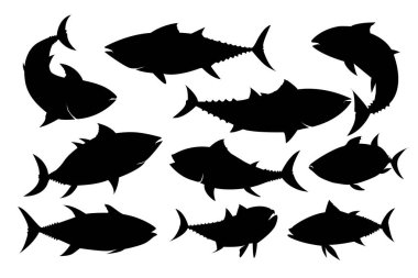 Ton balığı silueti. Siyah ve Beyaz Vektör İllüstrasyonu