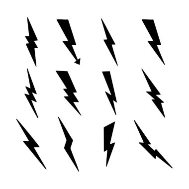 Şimşek simgesi siluetleri. Siyah ve Beyaz Vektör İllüstrasyonu