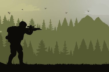 Askeri siluet geçmişi. Silahlı kavram. Vektör illüstrasyon poster tasarım şablonu