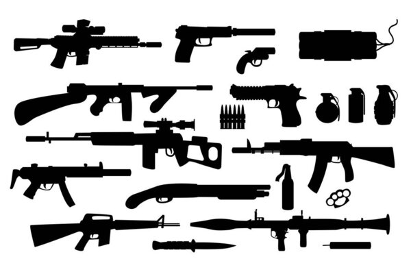 Set of weapon silhouettes. Black and white Vector Illustration