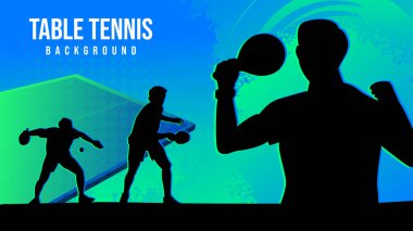 Dinamik Masa Tenisi Arkaplanı. Çoklu oyuncu siluetleri eylem pozlarında, soyut şekiller ve dokular ile mavi ve yeşil gradyan arkaplan üzerinde ayarlanır.