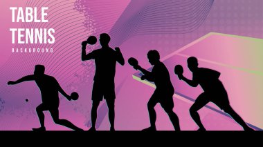Pastel Gradyan Masa Tenisi Silueti Arkaplanı. Oyuncu silueti eylem halinde, soyut dairesel desenleri ve yarım ton efektleri ile yumuşak pembe, mor ve mavi eğimli bir arkaplan üzerinde ayarlı.