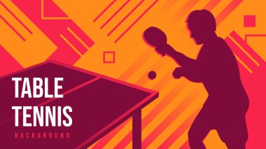 Geometrik Masa Tenisi Silueti Arkaplanı. Oyuncu silueti, köşegen çizgileri ve soyut şekilleri ile kalın turuncu ve kırmızı geometrik bir arkaplan üzerinde kurulu bir masanın yanında eylem halinde.