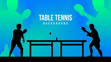 Dinamik Masa Tenisi Arkaplanı. Eşleşen iki oyuncu silueti, soyut şekil ve dokulara sahip mavi ve yeşil bir gradyan arkaplan üzerine kurulur.