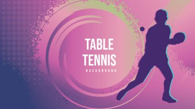 Pastel Gradyan Masa Tenisi Silueti Arkaplanı. Oyuncu silueti eylem halinde, soyut dairesel desenleri ve yarım ton efektleri ile yumuşak pembe, mor ve mavi eğimli bir arkaplan üzerinde ayarlı.