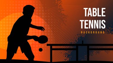 Dinamik Masa Tenisi Silueti Arkaplanı. Oyuncu silueti, mavi ve turuncu gradyan arkaplan üzerinde soyut çizgi desenleri ve yarım ton efektleri ile eylem halinde.