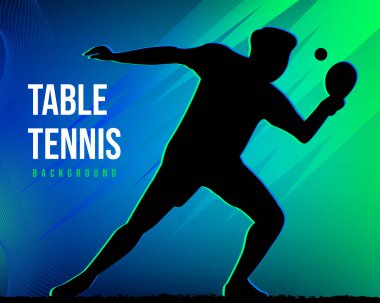 Dinamik Masa Tenisi Silueti Arkaplanı. Enerjik siyah oyuncu silueti canlı mavi ve yeşil gradyan efektleri ile hareket halinde.