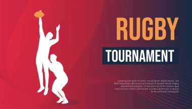 İki rugby oyuncusunun temiz beyaz siluetlerini içeren modern ragbi turnuva afişi tasarımı, bir oyuncunun topu yakalamak için diğerini kaldırması. Spor etkinliği promosyonları, kibrit posterleri, dijital reklamlar veya sosyal medi için ideal