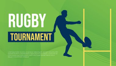 Rugby Turnuva Posteri. Futbolcu topa vuruyor. Gol direğine doğru.