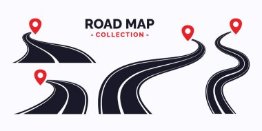 Konum Pin Navigasyon Sembollü Yol Haritası Koleksiyonu. Yaratıcı yol sembolü çizimi beyaz arkaplanda izole edildi.