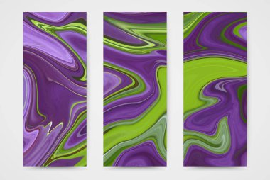 Renkli parlak sıvı boyaların soyut parlak dokusu. Renkli parlak sıvı dalga arkaplanı, dikey pankartlar ayarlandı