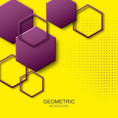 Abstract geometric background with halftone dots and lilac hexagons and their shadow, design element