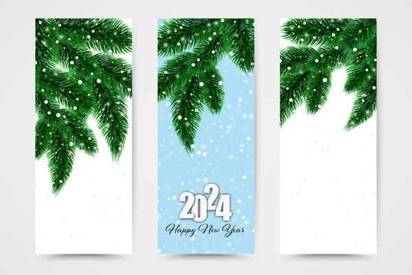 Τρία Κάθετα Πανό Κλαδιά Χριστουγεννιάτικου Δέντρου Και Νιφάδες Χιονιού Για — Διανυσματικό Αρχείο