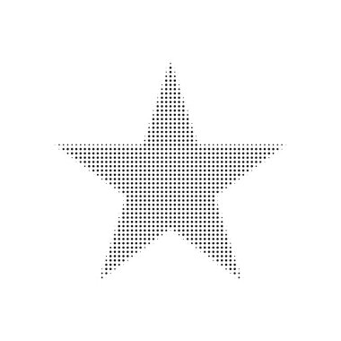 Noktalı tahıl yıldızı. Siyah noktalı şekil. Soyut gürültü dokusu yıldızı. Yarım ton işaret fişeği formu. Soyut arkaplan yarım ton bir yıldız şeklinde koyu noktalar