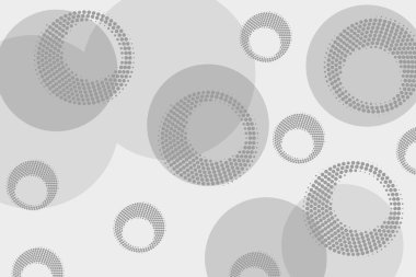 Gri vektör çemberlerinin geometrik arkaplanı ve açık gri arkaplan üzerindeki koyu gri yarım ton noktaları, broşür şürü. Minimalizm, vektör. Posterler, web siteleri, kartvizitler, kartpostallar için arka plan