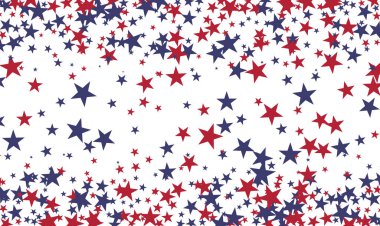 ABD bayraklarının renkleri, mavi ve kırmızı yıldızlar düşüyor. Beyaz zemin üzerine düşen kırmızı ve mavi yıldızlar, Amerikan renk sembolleri olan poster, kayan yıldızlar konfetisi