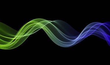 Siyah arkaplanda sarı mavi yatay şeffaf dalga. Sarı mavi alev eğrisi tabakası koyu arka planda örtüşüyor, şeffaf arkaplan dalgası, basit teknoloji şablonu.