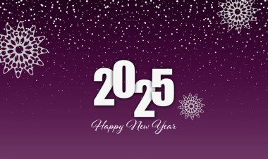 Yeni yıl kartı, poster, afiş 2025, mor arka planda kar taneli bayram tasarımı. Kış Harikalar Diyarı Buzlu Zarafet ve Donmuş Cazibeyle 2025 Yılını Kutla.