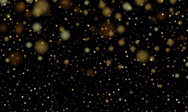 Vektör 10 tane altın parçacık üretir. Altın tozunun ve siyah arkaplandaki bokeh 'in şenlikli arka planı